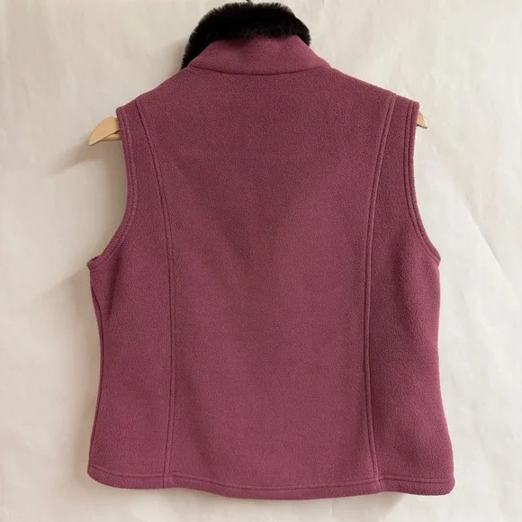 LL Bean Womens Fleece Vest Berry Pink Faux Fur Collar Full Zip Petite S Gorp - Picture 3 of 6